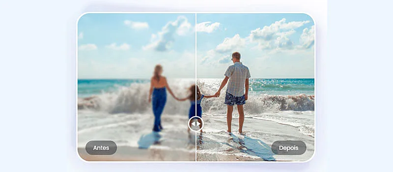 captura de tela mostrando quanto o picwish é capaz melhorar qualidade de imagem. No teste é usado uma imagem de um casal e sua filha na praia, A metade original está borrada e a metade melhorada está nítida.
