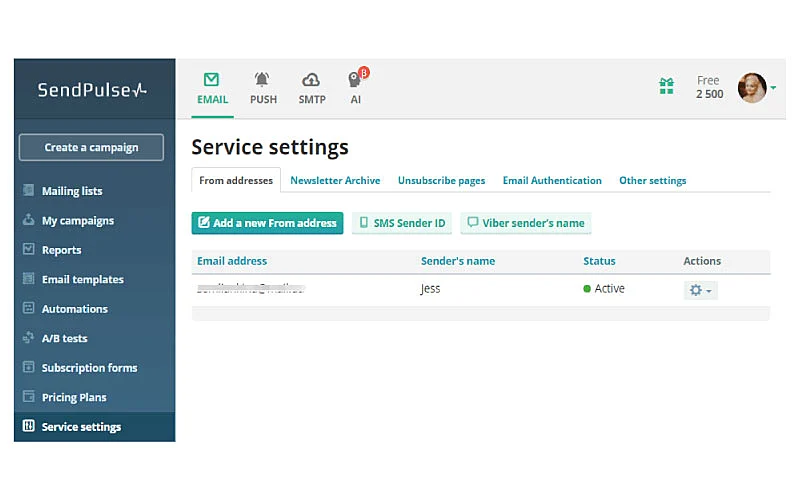 Captura de tela do SendPulse