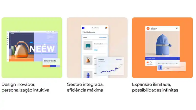 Melhores Ferramentas para Criar seu Site Wix Captura de tela do site da Wix destacando 3 principais recursos a ferramenta para criar site: design inovador e personalização intuitiva, painel de controle com gestão integrada e expansão ilimitada para criação de sites
