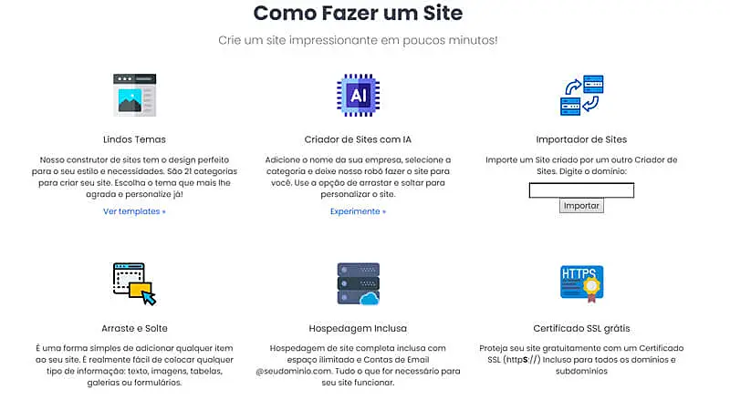 captura de tela que destaca todos os recursos disponíveis na ferramenta para criar site da Super Domínios, como temas, criador de site com IA, importador de site, arrastar e soltar, hospedagem inclusa e certificado SSL grátis
