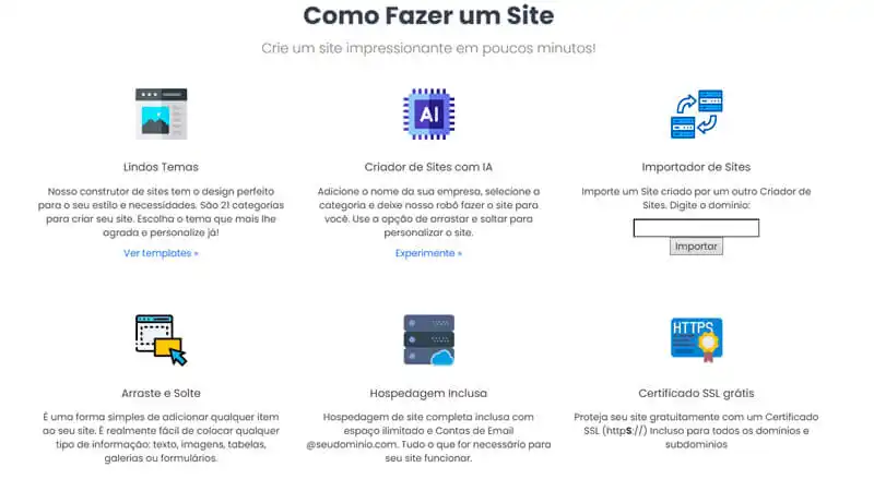 Melhores Ferramentas para Criar seu Site captura de tela que destaca todos os recursos disponíveis na ferramenta para criar site da Super Domínios, como temas, criador de site com IA, importador de site, arrastar e soltar, hospedagem inclusa e certificado SSL grátis