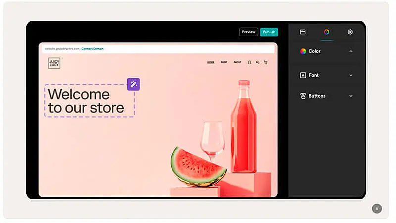 captura de tela da ferramenta para criar site da GoDaddy com layout personalizado para loja virtual, destacando opções de edição de cores, fontes e botões
