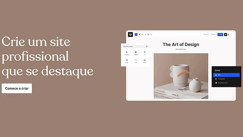 Editor visual do WordPress exibindo página com layout minimalista e chamada para criar um site profissional com design personalizado