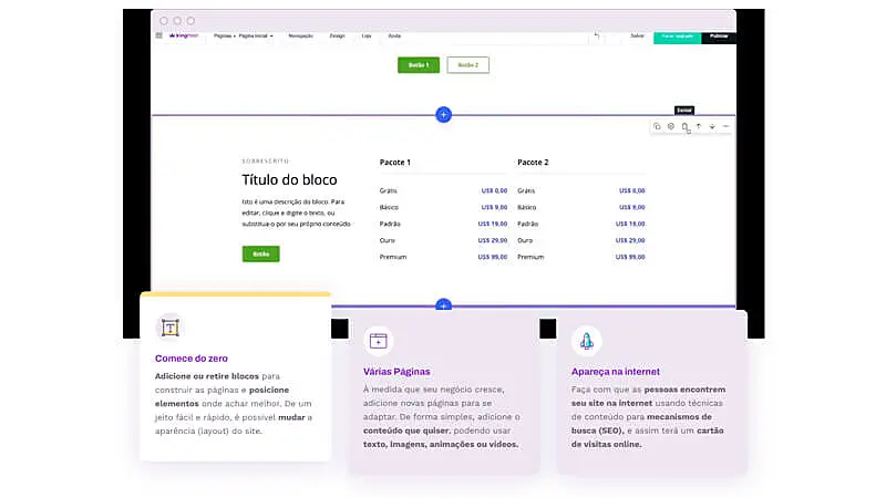 captura de tela da ferramenta para criar site da KingHost mostrando a interface de blocos, opções de criação do zero, múltiplas páginas e otimização para mecanismos de busca