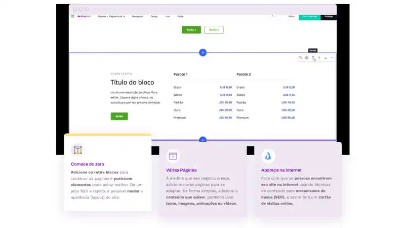 Melhores Ferramentas para Criar seu Site Kinghost captura de tela da ferramenta para criar site da KingHost mostrando a interface de blocos, opções de criação do zero, múltiplas páginas e otimização para mecanismos de busca