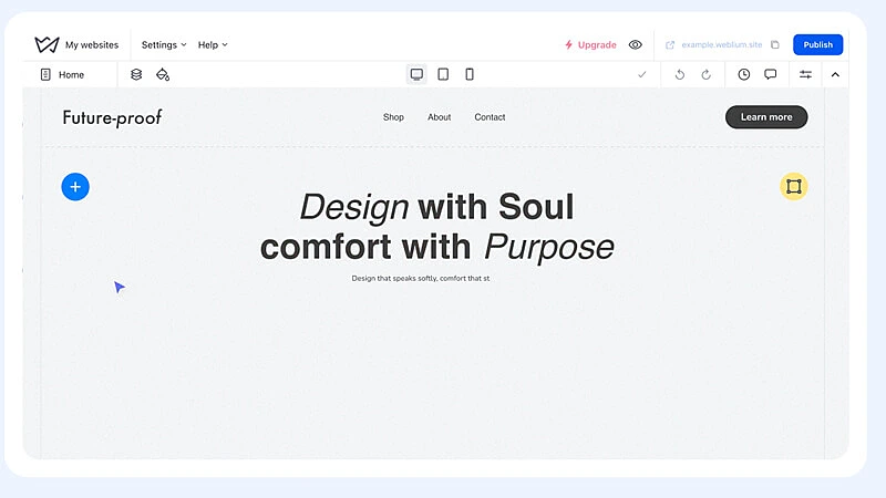captura de tela que mostra em detalhes a interface da ferramenta para criar site da Weblium