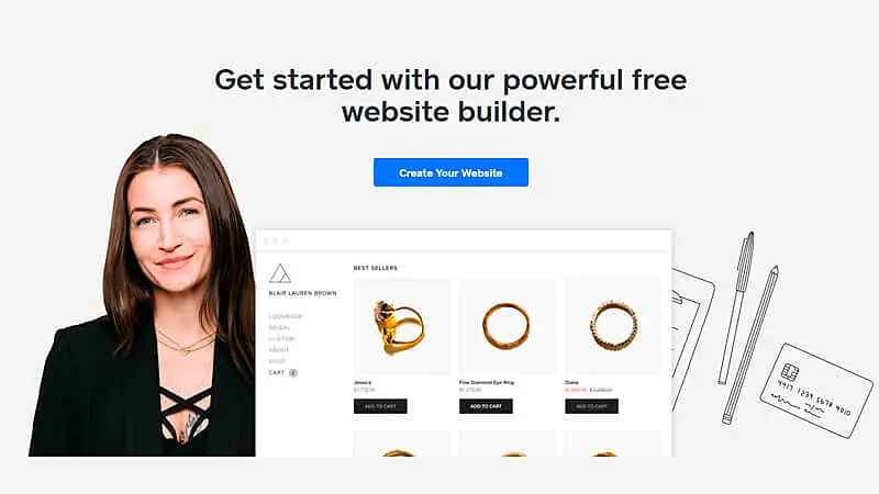 imagem do site da Weebly com destaque para criação gratuita de sites e loja virtual de joias, com vitrine de produtos e botão para começar o site