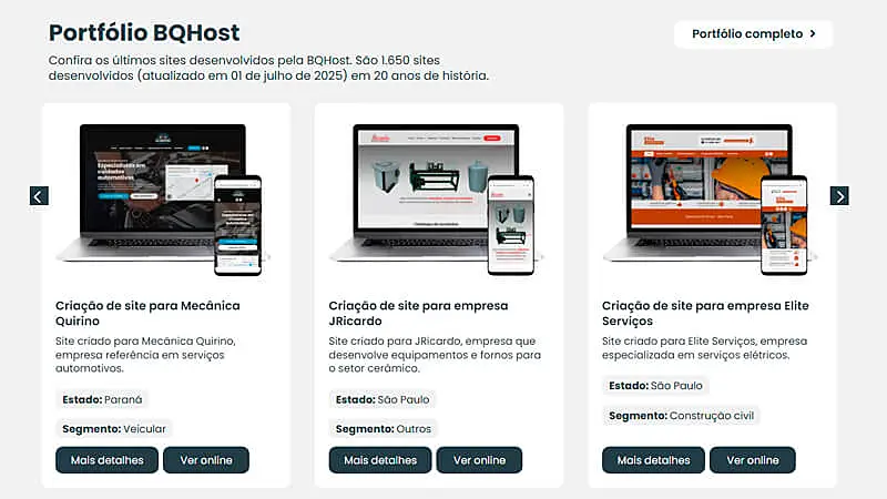 Portfólio da BQHost exibindo sites criados para empresas de serviços automotivos, setor cerâmico e construção civil