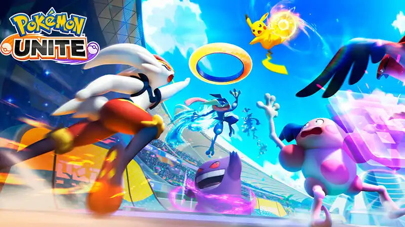 imagem com a logo do Pokémon Unite que mostrario varios pokémons lutando