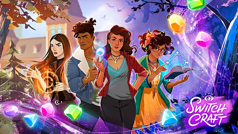 imagem com os personagens do jogo Switchcraft soltando magias enquanto cristais voam ao redor da tela