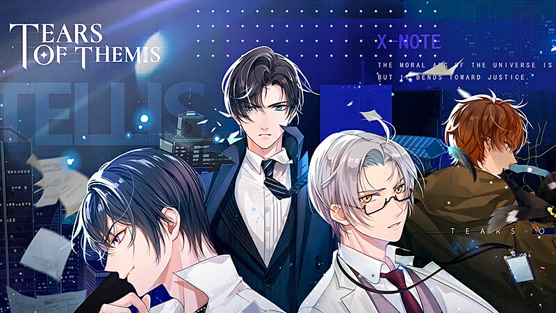 imagem que mostra os quatro personagens do jogo Tears Of Themis com uma cidade ao fundo