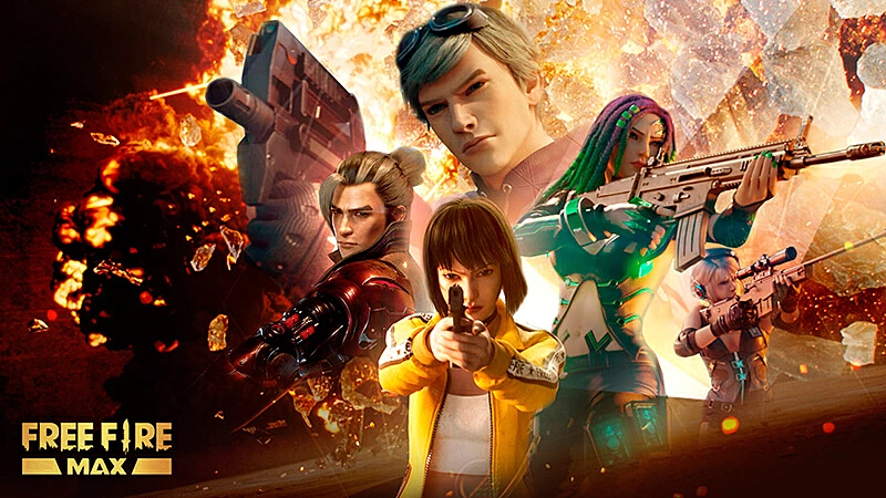 imagem que mostra  varios personagem do FreeFire apontando suas armas e uma explosão ao fundo