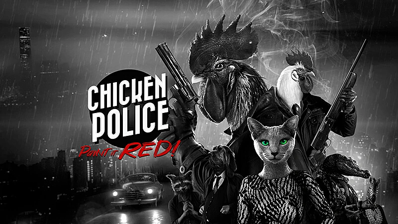imagem com os personagens de Chicken Police Paint it Red com armas na mão, um carro na estrada e uma cidade ao fundo