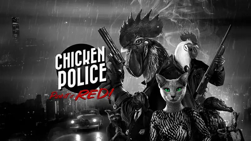 imagem com os personagens de Chicken Police Paint it Red com armas na mão, um carro na estrada e uma cidade ao fundo