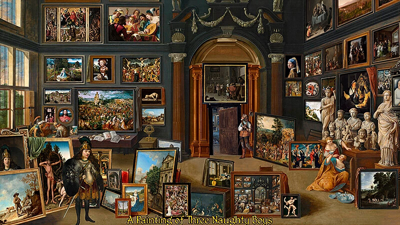 imagem que mostra o personagem principal de The Procession to Calvary dentro de uma sala cheia de pinturas renascentistas