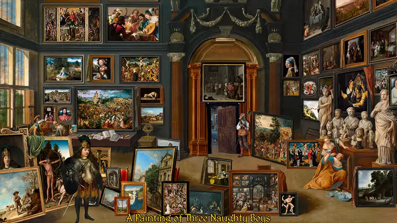 imagem que mostra o personagem principal de The Procession to Calvary dentro de uma sala cheia de pinturas renascentistas