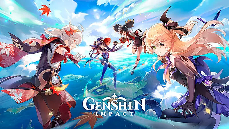 imagem com quatro personagens do Genshin Impact sobrevoando uma paisagem