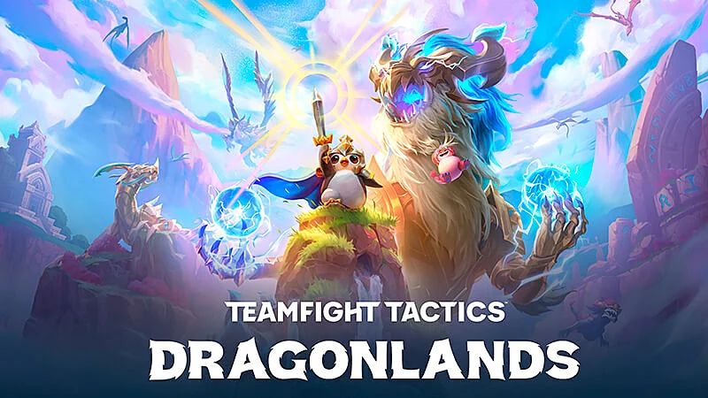 imagem com uma pequena lenda do jogo Teamfight Tactics empunhando uma espada e com dragões voando 