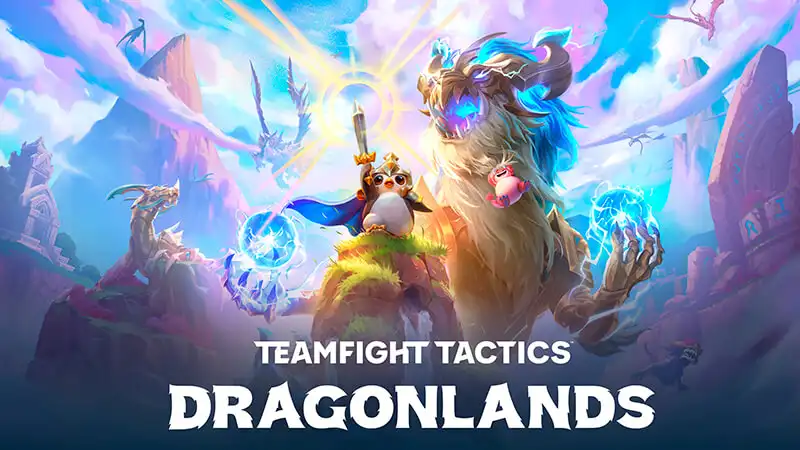 imagem com uma pequena lenda do jogo Teamfight Tactics empunhando uma espada e com dragões voando 