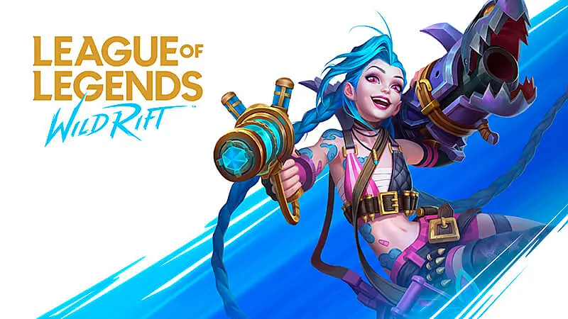 imagem com a logo do League of Legends Wild Rift e com a personagem Jinx