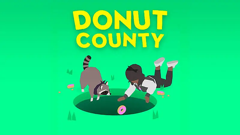 imagem com a logo do Donut County em um campo verde onde dois personagens são sugados por um buraco