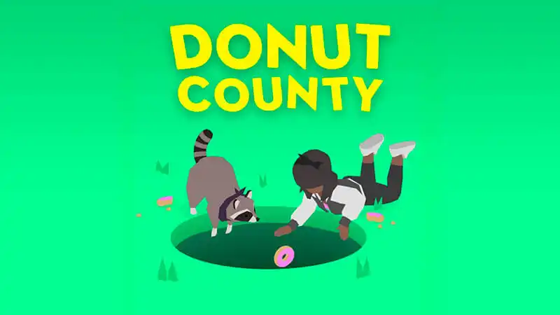 imagem com a logo do Donut County em um campo verde onde dois personagens são sugados por um buraco