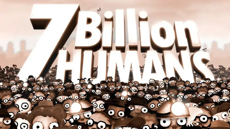 imagem da logo de 7 Billion Humans em cima de uma grande quantidade de personagens