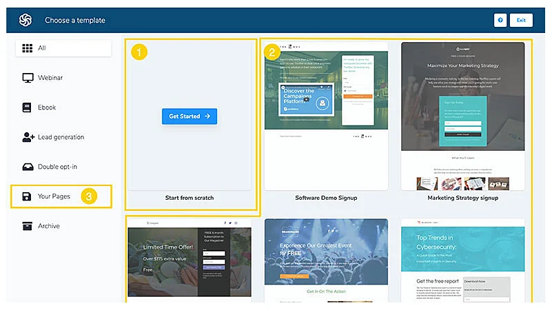 Diferentes opções de modelos de landing page da Sendinblue