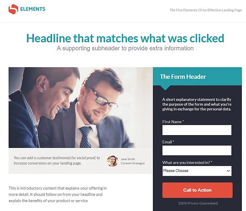 Modelo de landing page com formulário de captura à direita e foto de dois homens à esquerda
