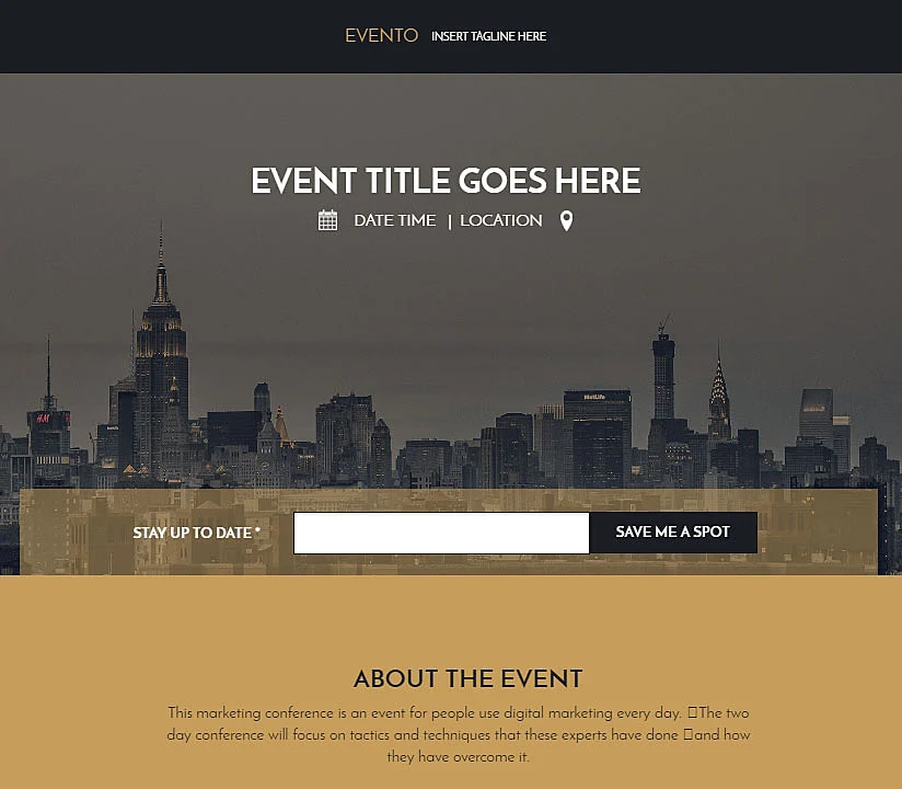 Modelo de landing page com horário e local de um evento