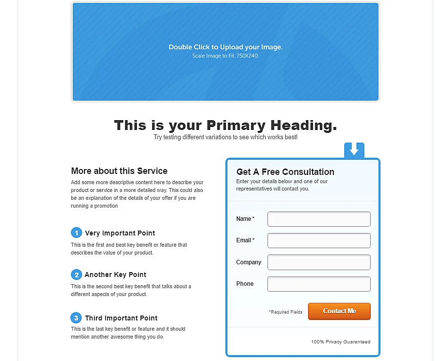 Modelo simples com detalhes escritos à esquerda e formulário de captura à direita