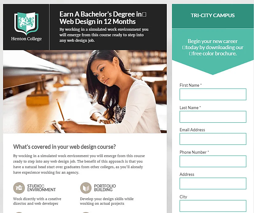 Modelo de landing page com campo de captura à direita