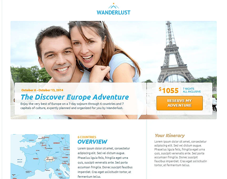 Landing page com um casal em frente à Torre Eiffel