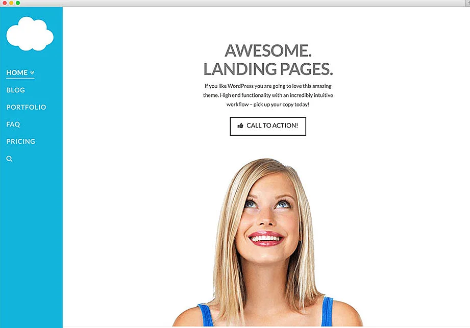 Modelo de landing page com uma mulher olhando para o botão de chamada para ação