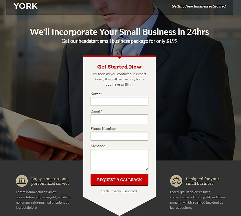 Modelo de landing page com formulário de captura no meio da imagem