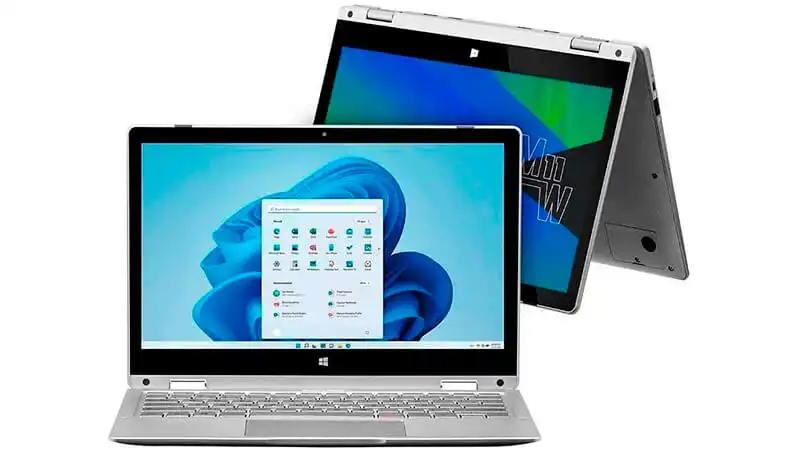 foto com um notebook M11W Prime na frente e outro notebook dobrado ao meio atrás