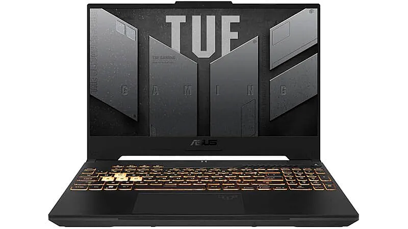 foto do notebook gamer Asus TUF na cor preta com teclado iluminado em amarelo