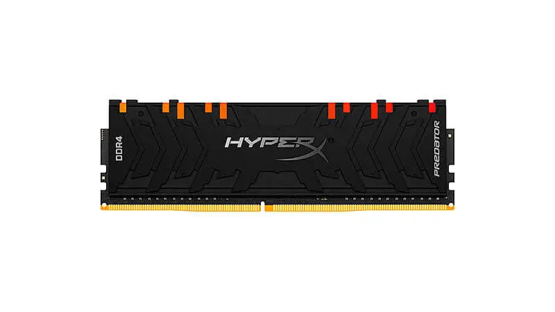 imagem de um pente de memória RAM HyperX com dissipador na cor preta e iluminação RGB