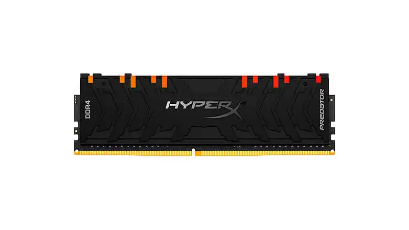 imagem de um pente de memória RAM HyperX com dissipador na cor preta e iluminação RGB