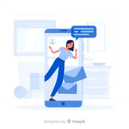 arte de uma mulher dentro do celular com um balão de chat