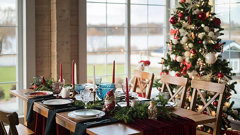 Foto de uma mesa posta e uma arvore de natal ao fundo