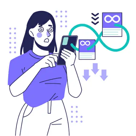 Mulher confusa olhando para o celular enquanto conteúdos infinitos aparecem na tela.