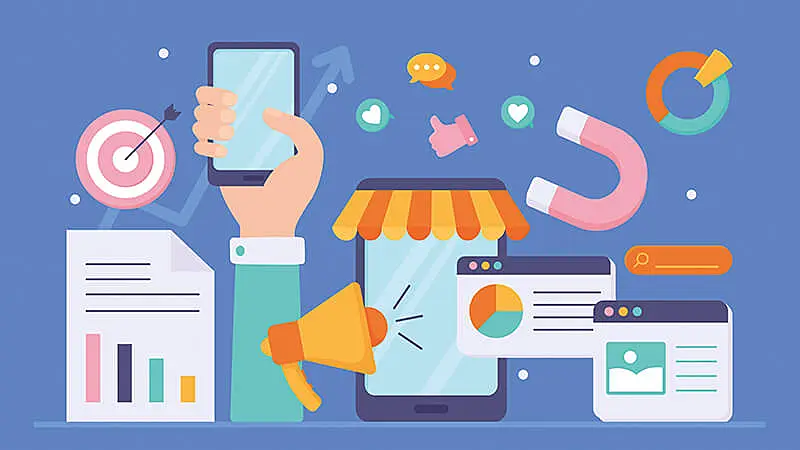 Ponteiro do mouse ao lado de um note e elementos gráficos representando o mercado digital