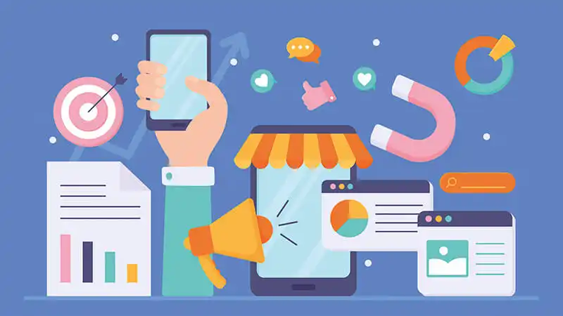 internet Ponteiro do mouse ao lado de um note e elementos gráficos representando o mercado digital