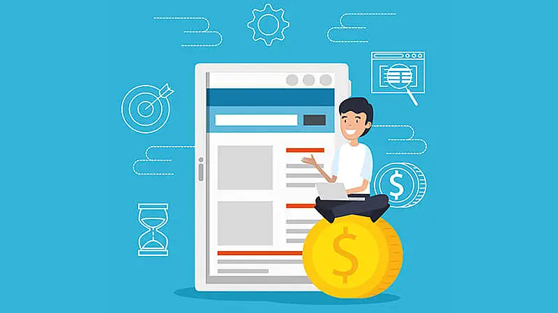 Ciclo do mercado digital representado por um ipad, smartphone, computador e dinheiro