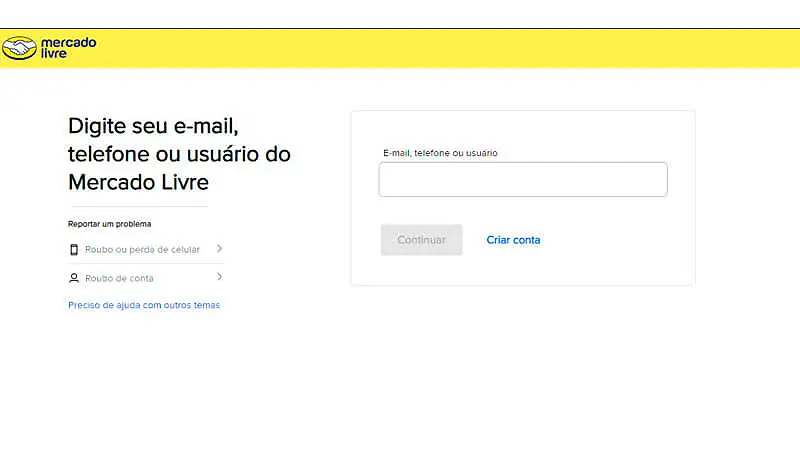 imagem que mostra a pagina inicial de login do mercado livre