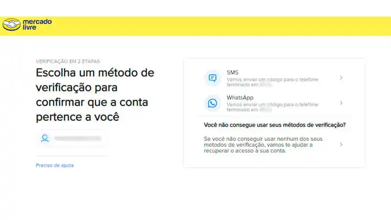 imagem que mostra uma pagina de confirmação de login do Mercado Livre