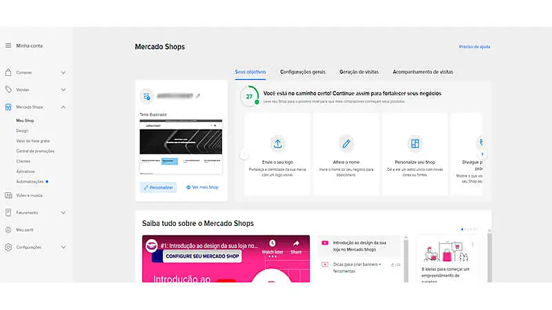 imagem que mostra o painel de configuração de uma loja virtual do Mercado Shops