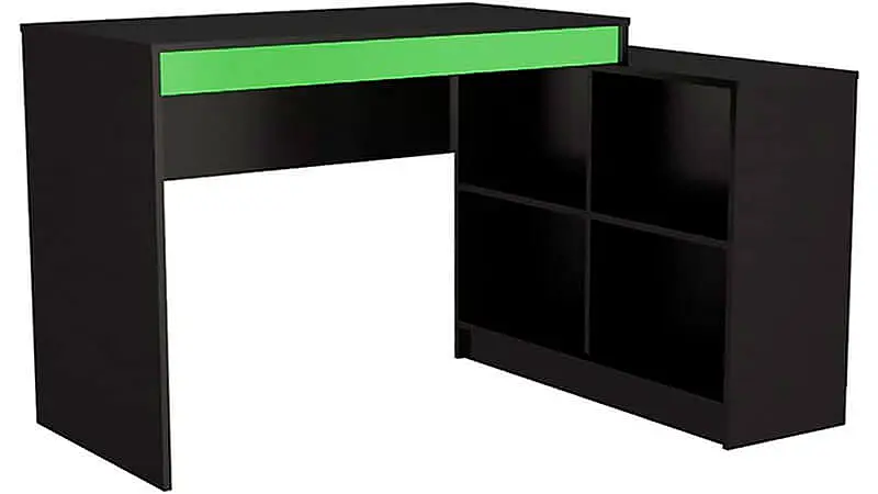 imagem de uma mesa de escritório em L da Nova Mobile na cor preta com uma faixa verde e quatro nichos