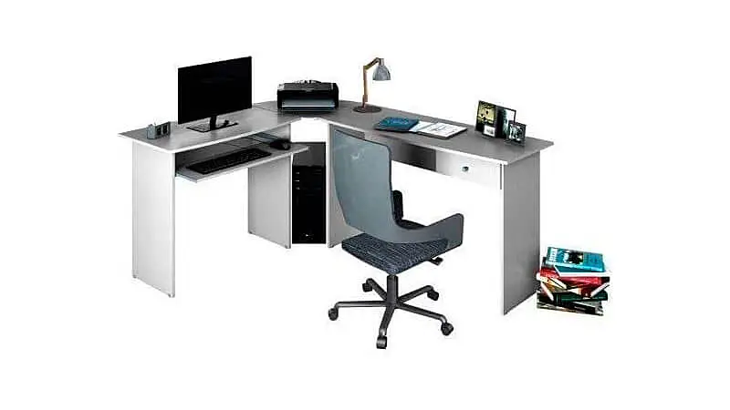 imagem de uma mesa de escritório em L da Zanzini na cor branca com uma gaveta e diversos dispositivos e objetos apoiados em cima